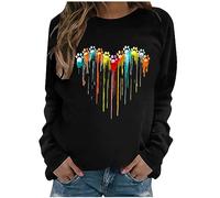 Pullover Women's Colourful Love Heart Print Long Sleeve Shirt with Dog Paw Crew Neck Sweatshirt Autumn Winter Lightweight Blouse Tops Teenager Girls Shirt Long Sleeve T-Shirt Tunic Festive Jumper Tops