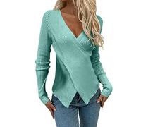 Pullover Women's Elegant Long Sleeve Shirt Women's V-Neck Knitted Jumper Tight Basic Wrap Shirt Plain Knitted Top Slim Fit Women's Jumper Comfortable Knitted Sweater Casual Fine Knit Jumper, blue, XL