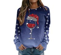 Pullover Women's Elegant Merry Christmas Print O-Neck Sweatshirt Crew Neck Fit Long Sleeve Tops Casual Long Sleeve Fleece Jacket Blouse Cuddly Pullover Hoodie for Girls Red, blue, S