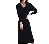 Pullover Women's Long Sleeve V Neck Wool Knit Dress Long Layered Dress for Winter Cosy Warm Casual Maxi Dress MM Costume Women's Twinset Top and Skirt Twinset Party Plain, black, XL