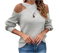 Pullover Women's Plain Shoulderless Sweater Fashionable Jumper Tops with Crossed Neck Lantern Long Sleeve Long Tops Oversized Long Sleeve Shirt Loose Autumn Winter Tops Knitted Jumper