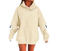 Pullovers Hoodies Womens Horror Face Print Oversized Hoody with Pockets Autumn Winter Warm Sweatshirt Casual Festival Wear Teenage Girls Fashion Hoodie For Halloween Party Celebration Beige