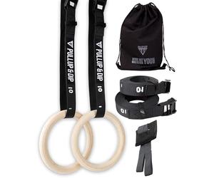 PULLUP & DIP Premium Gymnastic Rings, Wooden Gym Rings for Calisthenics & Crossfit - Wide Straps with Length Markings + Door Anchor + Carry Bag + Exercise Guide, Calisthenics Rings