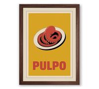 Pulpo on a Plate Vintage Framed Wall Art Print A2 (59.4×42cm) Walnut, Wall Decor for Living Room, Bedroom, Office & Home, Ready to Hang, Art Gift