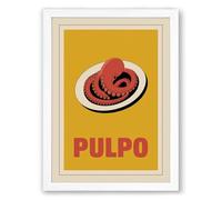 Pulpo on a Plate Vintage Framed Wall Art Print A2 (59.4×42cm) White, Wall Decor for Living Room, Bedroom, Office & Home, Ready to Hang, Art Gift