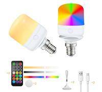 Pulsky USB-C Rechargeable RGB Light Bulb with Remote Control Timer and 12 Color Temperatures,7W Dimmable Battery Powered Light Bulbs for Non Hardwired Lamps, Wall Sconce,Home,Camping