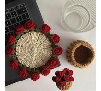 pulunto Rose Bouquet Coasters Hand-knitted Coasters Materials Kit Floral Crochet Bouquet Coaster Romantic Flowers Insulation Pads Woven Coffee Cup Pad Mat Decoration for Mother's Day Birthday
