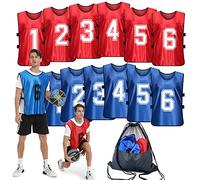 PULUOMASI Sports Pinnies-Numbered Practice Vest Pennies for Soccer Basketball Jersey Bibs -Set of 12/Youth Adults Team, Dark Blue + Red (1-6)-white, Large