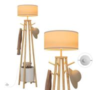 PULUOMIS Floor Lamp, Standing Lamps with 8-Hook Wardrobe and Laundry Basket, Tall Standard Lamp with E27 Base for Living Room, Bedroom, Office, Entrance Area, Bulb Not Included, Oak