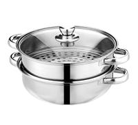 Puluru Stainless Steel Steamer Pot 4 Quart Silver Round 2-tier Multipurpose Cookware with Tempered Glass Lid