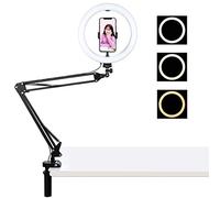 PULUZ 10.2 inch Ring Light with Desktop Arm Stand USB 3 Modes Dimmable Dual Color Temperature LED Vlogging Selfie Photography Video Lights with Phone Clamp for Video Recording