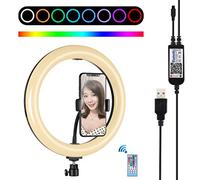 PULUZ 10.2 inch USB RGBW Dimmable LED Ring Vlogging Photography Video Lights with Cold Shoe Tripod Ball Head & Remote Control & Phone Clamp for Selfie, Makeup, YouTube Video (Black)