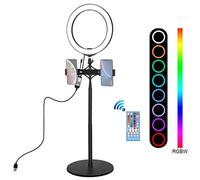 PULUZ 140cm Round Base Desktop Mount + Live Broadcast Dual Phone Bracket + 10.2 inch RGBW LED Ring Vlogging Video Light Kits with Remote Control & Cold Shoe Tripod Ball Head for YouTube Video vlogging