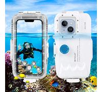 PULUZ Upgrade One-Way Valve Diving Case for iPhone 14/14 Pro / 13/13 Pro / 12/12 Pro Waterproof Housing,40m/130ft Underwater Diving Case IP68 Waterproof Shockproof Dustproof White