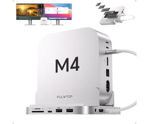 PULWTOP Mac Mini M4 Dock with 4TB M.2 SSD Enclosure & HDMI 4K, 9 in 1 Aluminum Vertical USB-C Hub for Mac Mini M4 Pro Hub Stand, USB-A/C 10Gbps, 2xUSB-A 2.0, 3.5mm Audio, SD/TF (SSD NOT Included)