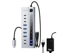 PULWTOP Powered USB C Hub, 9-in-1 USB-Hub 10Gbps & PD 45W Max Charging | PULWTOP USB Powered Hub with 3 USB-C, 4 USB-A for Laptop, MacBook, iPad and More 72W Adapter Included (Not Support Video)