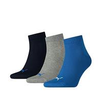PUMA 3 Pack Unisex Quarter Trainer Sports Socks Blue/Grey Melange 9-11 (43-46)