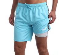 PUMA Men's Bathing Suit - Quick Dry Swimsuit Trunks with Mesh Compression Liner - 8" Inseam Swimwear (S-XL), Blue Aqua Taping, M