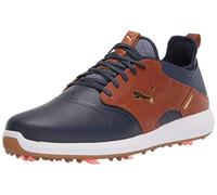 PUMA Men's Ignite Pwradapt Caged Crafted Golf Shoe, Peacoat-Leather Brown Team Gold, 7.5 UK