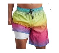 PUMA Men's Bathing Suit - Quick Dry Swimsuit Trunks with Mesh Compression Liner - 8" Inseam Swimwear (S-XL), Pink/Green Stripes, L