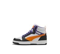 PUMA Rebound V6 MID JR Sneaker, White-Orange GLO Black, 5.5 UK