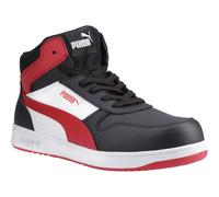 PUMA Safety Frontcourse Mid S3 ESD FO HRO SR Unisex Safety Shoes Non-Slip Metal-Free Fibreglass Cap, Black / White / Red, 14.5 UK