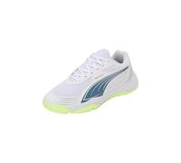 PUMA Unisex Youth SOLARFLASH III JR Indoor Court Shoe, PUMA White-Blue Horizon-Fizzy Apple, 4 UK