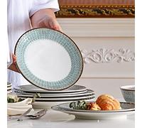 PUMELAMI Melamine Dinnerware Sets,12pcs Plates and Bowls Sets, Melamine Dishes Set for 4, Unbreakable,Dishwasher Safe, BPA Free,Great for Indoor Use,Camping, BBQ,RV, Party,Rustic Style (Teal)