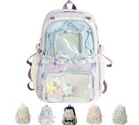 Pumio Cute Kawaii School Backpack for Girls Teens, Aesthetic Ita Bag with Transparent Pin Display Insert, Japanese Style Rucksack for School Travel, Preppy Floral Strawberry Print Daypack(Purple)