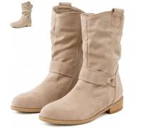 Pumio Wide Calf Cowboy Boots For Women,Mid Faux Suede Flat Ankle Boots | Pointed Toe Low Heel Cowgirl Boots ,Slip On Mid Calf Booties With Buckle,Casual Comfort Lightweight