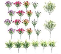 Pumixiy Artificial Flowers 24 Pack for Indoor Outdoor Use, Mixed 7 Heads Red Rose Purple Floral Arrangement with Spring Grass and Eucalyptus Violets,