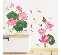 Pumixiy Lotus Flower with Koi Fish and Dragonfly Design Wall Sticker for Bedroom Decor, Chinese Style Self- PVC Artwork (Set of 2 Pieces at 30x90cm),
