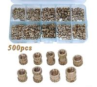 Pumixiy Threaded Brass Inserts 500-Piece Set of Reusable Knurled Embedment Nuts for M2 M2.5 Woodworking and Injection Molding Metal Insert Nuts for