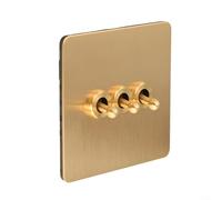 Pumixiy Toggle Light Rocker Switch 1/2 Way Brass Wall Plate for Lights Plus Ceiling Fans 86 Type Gold Finish Electrical Switch Handmade Retro (3 Gang)