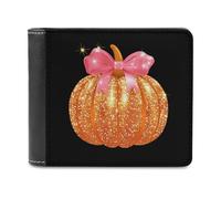 Pump Kin Glitter Leather Men's Bifold Wallet Minimalist Credit Card Holder Simple Coin Purse with Hidden Slots