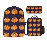 Pump-kin Pattern Halloween Travel Backpack 3 Piece with Pencil Case Insulated Lunch Box Laptop Bag 17 Inch Casual Daypack Set