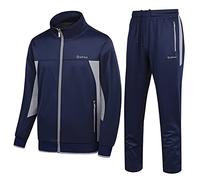 PUMPITU Men's Casual Athletic Tracksuit Long Sleeve Sweatsuit Set Full Zip Running Sports Jacket and Pants 2 Piece Outfits, Navy+gray, Large
