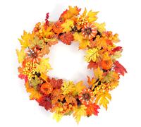 (Pumpkin 50CM) Christmas Halloween Garland Artificial Maple Pumpkin Berry Wreath Rattan with LED Light