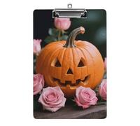 Pumpkin and Pink Roses Clipboard 8.5×12.5 Inch Acrylic Clip Board with Metal Clip A4 Letter Size Decorative Clipboard Cute Hanging Clipboards for Office, Teacher, Nurse, Doctor,