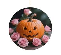 Pumpkin and Pink Roses Double-Sided Ceramic Christmas Ornaments - Round Hanging Mini Xmas Tree Decorations, Ideas for Farmers, Rustic Home Decor for Indoor Outdoor Tree Decor