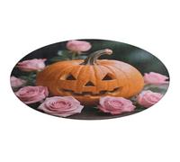 Pumpkin and Pink Roses Round Area Rug Non Slip Backing Doormat Water Absorbent Plush Throw Low-Pile Non-Slip Floor Mat Carpet for Living Room Bedroom Entryway Nursery Room 90 * 90cm