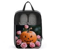 Pumpkin And Pink Roses Shoe Bag Waterproof & Breathable Shoe Pouch for Travel, Portable Carry Case for Sports Sneakers, Gym, Vacation