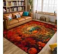 Pumpkin Area Rug, Fall Rustic House Wreath Fall Orange Low Pile Foam Carpets Fade Resistant Home Aesthetic Rugs for Living Room Bedroom Classroom Apartment Decor 5' X 7'