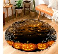 Pumpkin Area Rug, Halloween Festive Bat Spider Web Halloween Orange Non-Slip Backing Aesthetic Circle Home Doormat Accents Rug Bathroom Entryway Bedside Laundry Room Decor 3' X 3'