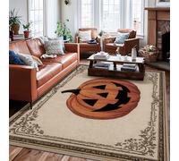 Pumpkin Area Rug, Halloween Festive Happy Emoticon Face Border Halloween Orange Low Pile Aesthetic Rectangle Home Floor Carpet Rugs for Living Room Bedroom Hallway Office Decor 6' X 9'