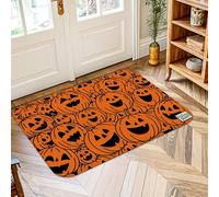 Pumpkin Area Rug, Halloween Festive Happy Emoticon Face Jack-O'-Lantern Halloween Orange Low Pile Foam Indoor Doormat Accents Rug Non Shedding Bathroom Laundry Room Kitchen Entryway Decor 2' X 3'