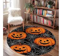 Pumpkin Area Rug, Halloween Festive Spider Web Halloween Orange Low Pile Edge Binding Doormat Throw Rug Circle Entryway Bathroom Kitchen Doorway Decor 4' X 4'