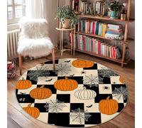 Pumpkin Area Rug, Halloween Festive Spider Web Halloween Orange Low Pile Indoor Doormat Round Throw Rug Non Shedding Entryway Bathroom Kitchen Doorway Decor 4' X 4'