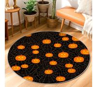 Pumpkin Area Rug, Halloween Festive Spider Web Smiling Face Halloween Orange Non-Slip Backing Round Doormat Throw Rug Edge Binding Laundry Room Bathroom Doorway Entryway Decor 3' X 3'