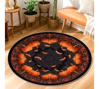Pumpkin Area Rug, Halloween Gothic Bat Spider Web Halloween Black Low Pile Home Floor Doormat Circle Print Accents Rug Bathroom Doorway Entryway Bedside Decor 3' X 3'